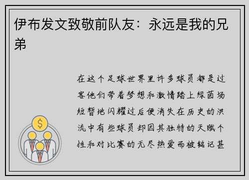 伊布发文致敬前队友：永远是我的兄弟